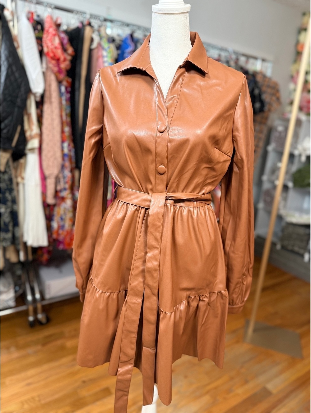 Downtown Muse Tan Faux Leather Belted Mini Shirt Dress NWT Small